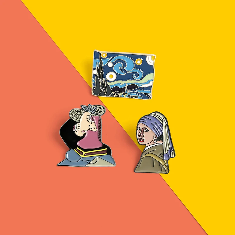 

Van Gogh Starry Sky Painting Enamel Pin Dream The Girl with a Pearl Earring Brooches Bag Lapel Pin Art Badge Custom Jewelry Gift