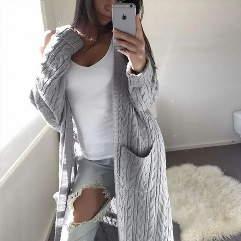 

2019 New Cardigan Coat Womens Pockets Sweater Long Women Warm Sweater Thick Knitted Female Sweater Winter