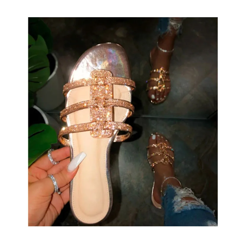Летние женские шлепанцы; Zapatos De Mujer; модные пляжные шлепанцы со стразами; обувь на плоской подошве; женские шлепанцы; большие размеры; блестящие вьетнамки