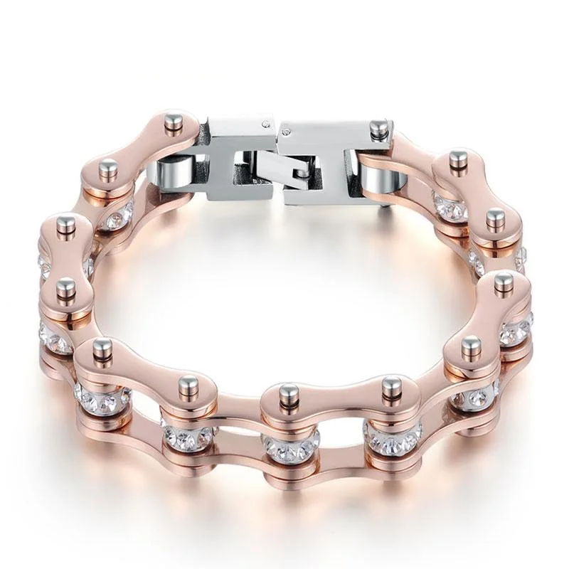 Rose Gold Crystal Bicycle Bracelets 316L Stainless Steel Link Motorcycle Biker Bike Chain Bracelet Jewelry for Girl Women Men | Украшения и