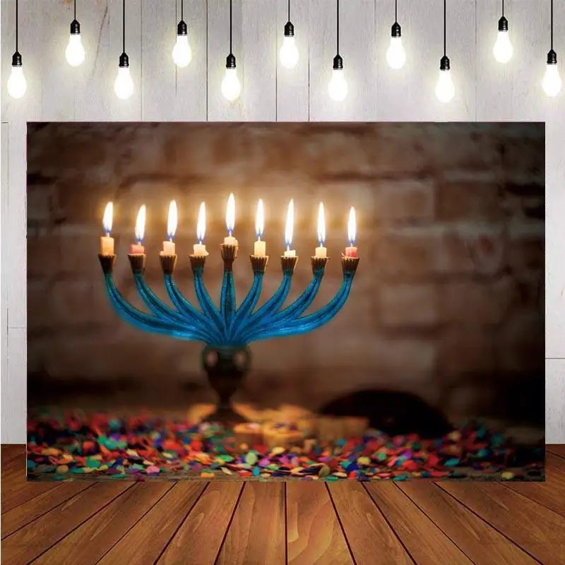 

Hanukkah Photography Backdrop Chanukah Jewish Festivals Colorful Candlestick Happy Party Photo Background Banner Studio Prop