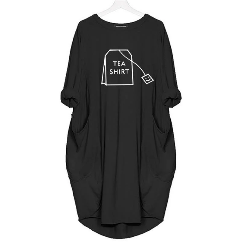 

TEA SHIRT Letters Tea Bag Print Loose Dress Summer Simple Women Plus Size With Pocket Dress Lady Clothing Long Sleeve Dress