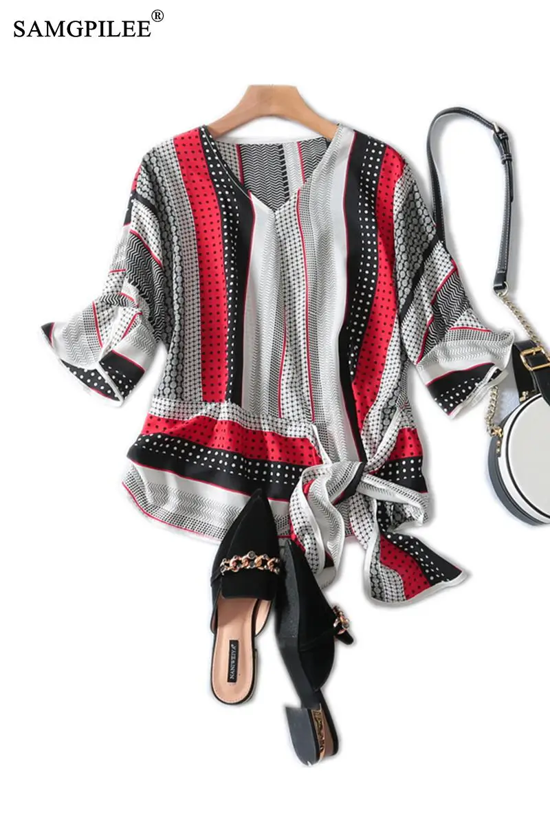 

women t-shirt 2020 Summer Women Clothing Casual Tshirts Chiffon Sashes Print V-neck Half Butterfly Sleeve Tops For Women 3XL