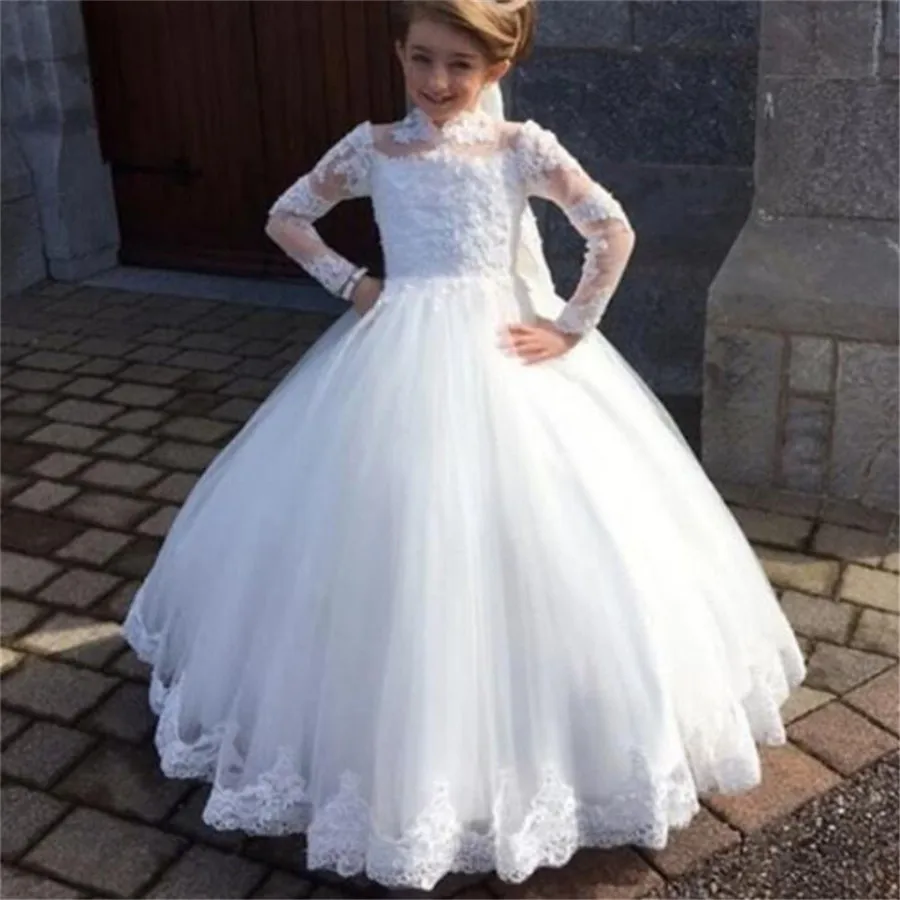 Роскошное белое Цветочное платье для девочек на свадьбу кружевное с аппликацией