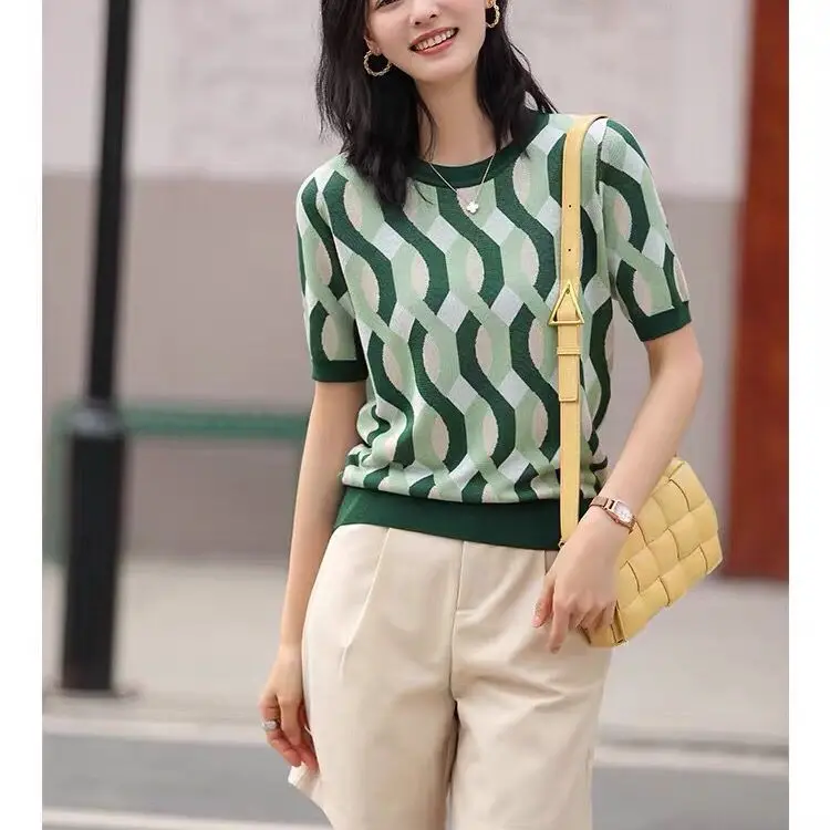 

Women 2021 Summer Fashion Ice Silk Knitted Sweater Tops Female Short Sleeve Stripe Tops Ladies O-neck Loose Thin T-shirt Q33