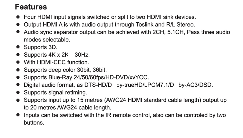 HDMI Matrix 4x2 4K 30Hz HDMI EDID разветвитель матрицы Поддержка Dual Audio Toslink out HDMI V1.4/3D/4 K x 2K с ИК-пультом дистанционного управления
