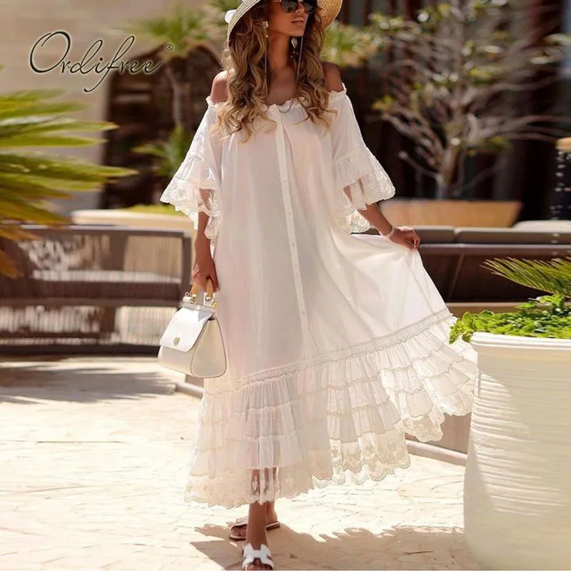 

Ordifree 2021 Summer Women Off Shoulder Maxi Dress Loose Casual White Lace Crochet Tunic Long Beach Dress