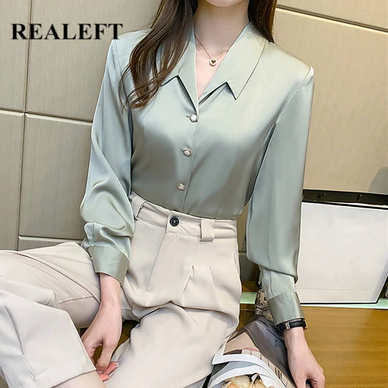 

REALEFT Women's Shirt Female Blouse Tops 2021 New Spring Long Sleeve Turn-down Collar Korean OL Style Office Lady Blouses