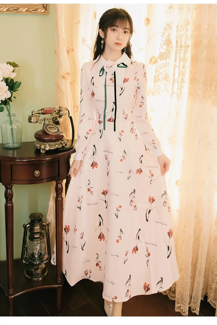 

YAMDI women dress vintage print floral turn-down long sleeve 2020 spring autumn korean elegant bohemian boho runway dress vestid