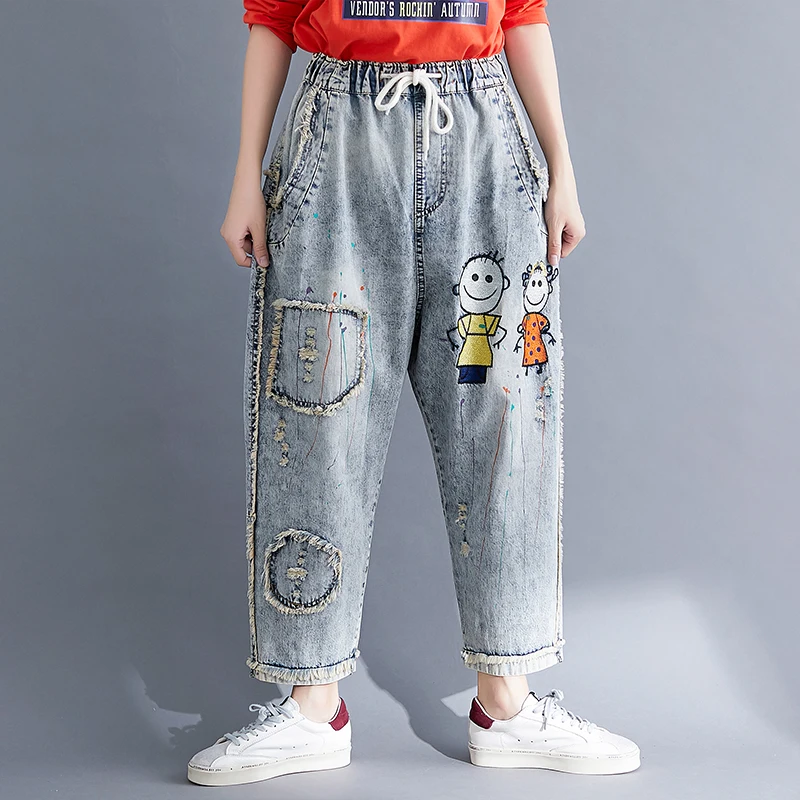 Женские джинсы хараюку свободные винтажные Джинсы бойфренда с эластичной талией
