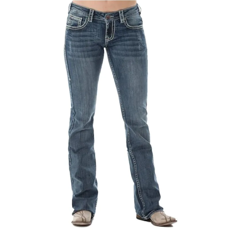 

Women Bell Bottom Jeans Pocket Printed Washed Women Denim Pant Vintage 90s Low Waist Full Length Wide Leg Female Flared Trousers