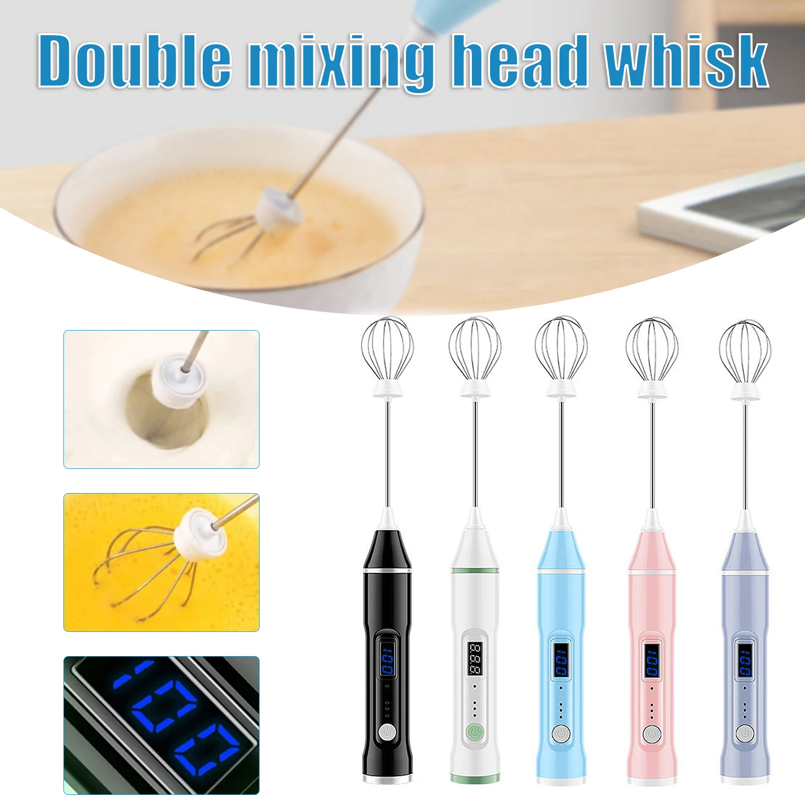 

USB Hand Blender Mini Handheld Mixer with 2 x Whisk Egg Beater with LCD Display 3 Levels Adjustable for Kitchen Cooking Free