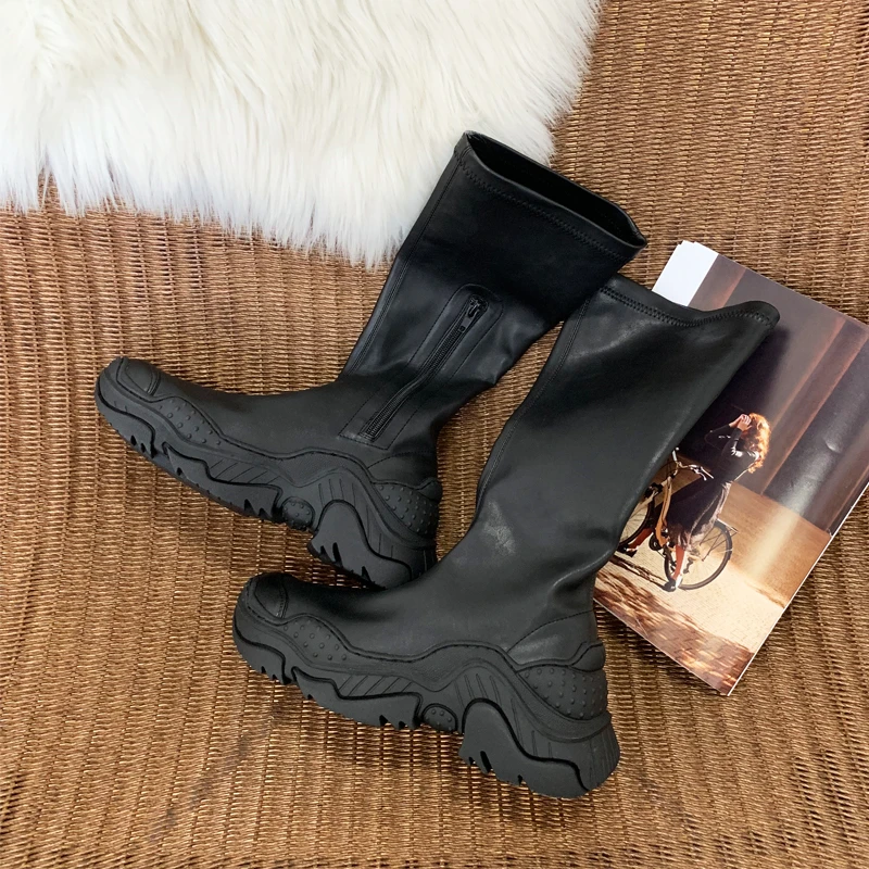 

Bmante Women Boots Flatform Increase Zip Mid-calf Winter Shoes Women Stretch Japan Style Goth Dark Owen Female Sneakers Brand