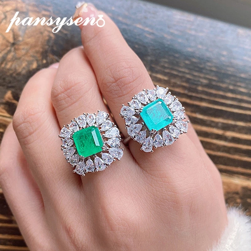 

PANSYSEN Vintage 925 Sterling Silver Paraiba Tourmaline Emerald Gemstone Cocktail Party Diamond Ring Fine Jewelry Drop Shipping