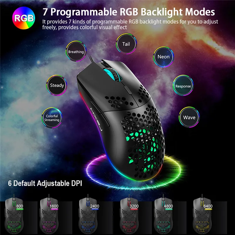 J900 Проводная игровая мышь USB RGB 6400DPI 6 уровневый настраиваемый DPI сотовый для