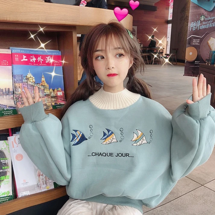 Женские толстовки с принтом в виде милых животных и рыбок 2019 водолазка