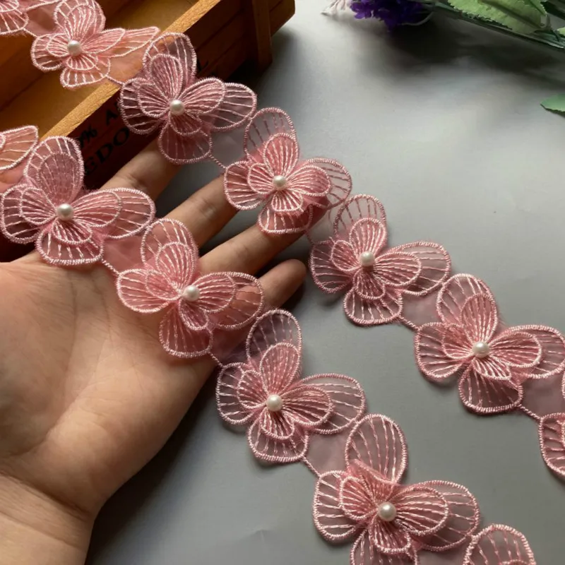 1 ярд розовый с двойной бусиной для ногтей кружевной цветок бабочка кружевная