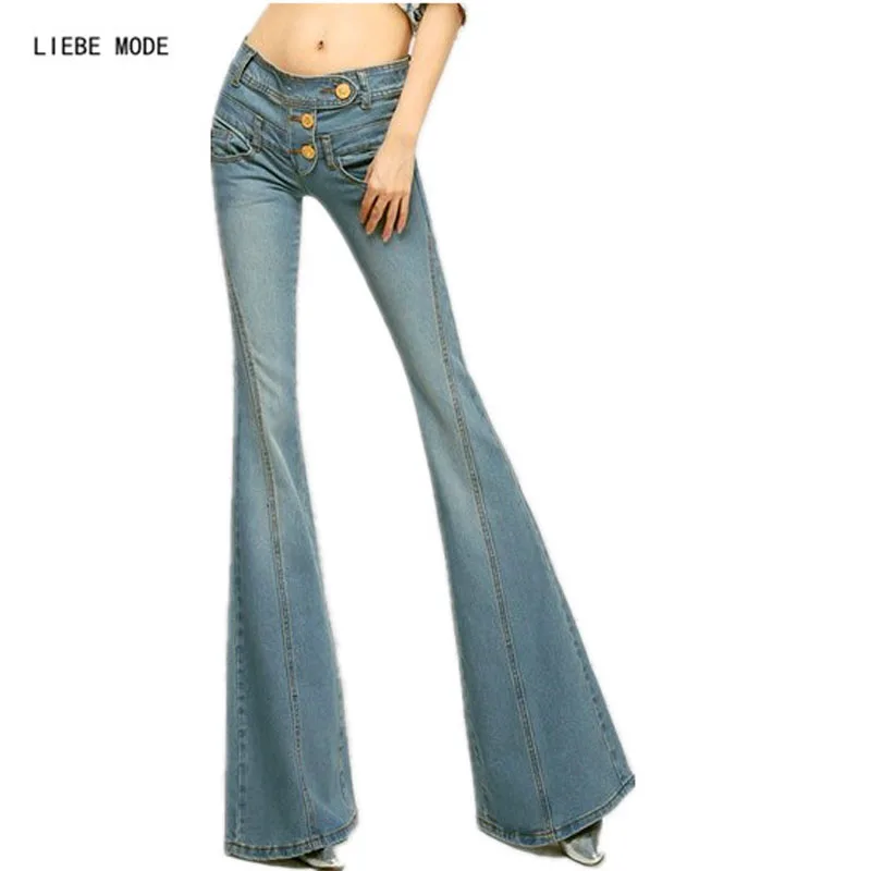 Womens Flare Pants Fashion Luxury Button Fly Jeans Women High Quality Wide Bottom Trousers Office Ladies Skinny Slim Denim Pants