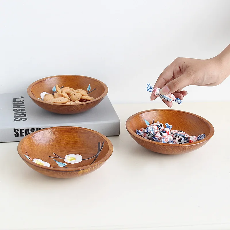 

Creative Fruit Plate Tray Round Wooden Fruit Basket Home Desktop Snacks Dried Fruit Plate Sugar Retro Fruit Plate Storage Tray