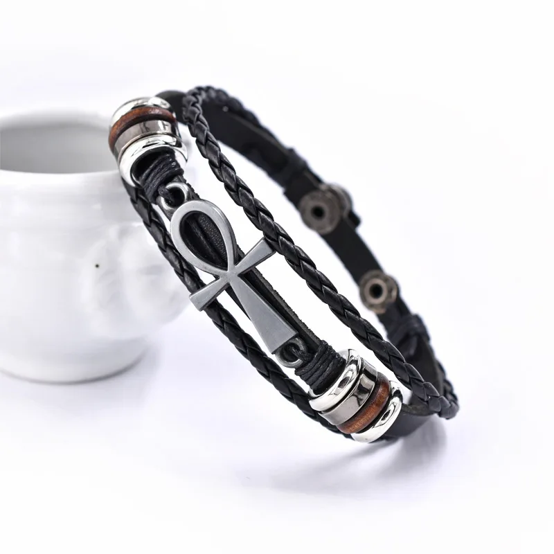 

Multi-layer Snap Button Beaded Woven Religious Cross Leather Bracelet for Men