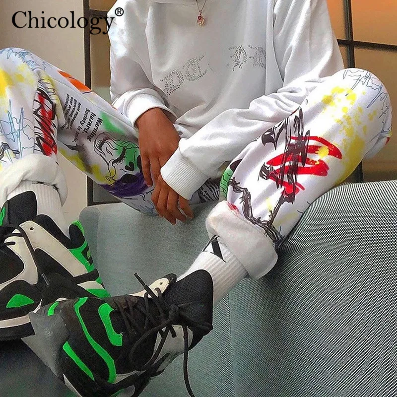 Chicology принтом принт уличная одежда длинные штаны 2019 женское с высокой талией в