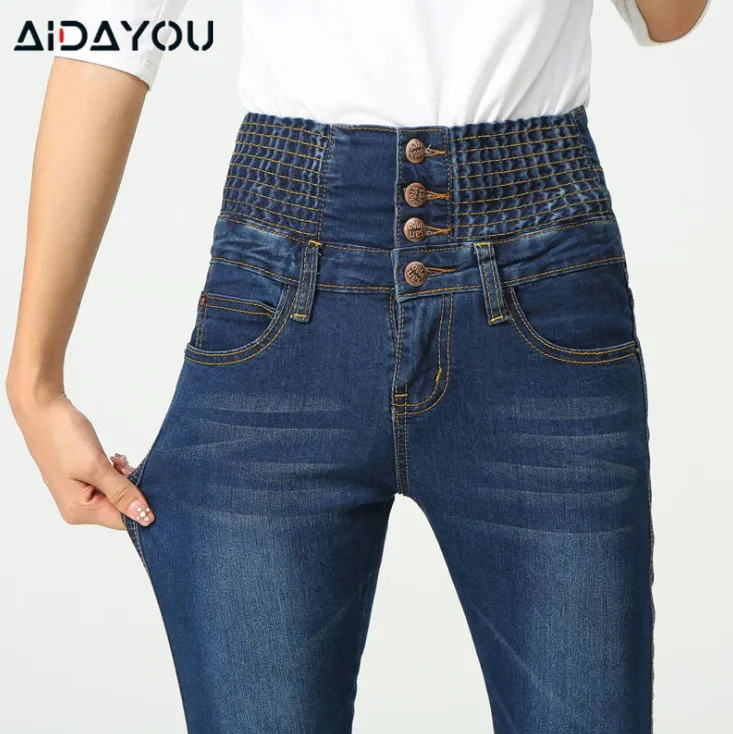 Женские джинсы с высокой талией и пуговицами эластичные карандаш размера плюс 5XL