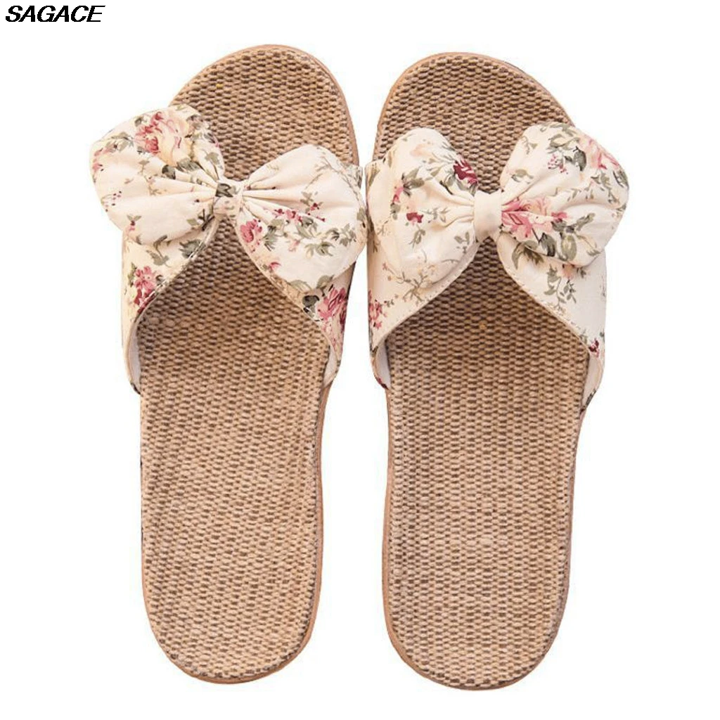 SAGACE/женские богемные льняные Вьетнамки с бантом Пляжные сандалии Шлепанцы Sandalia