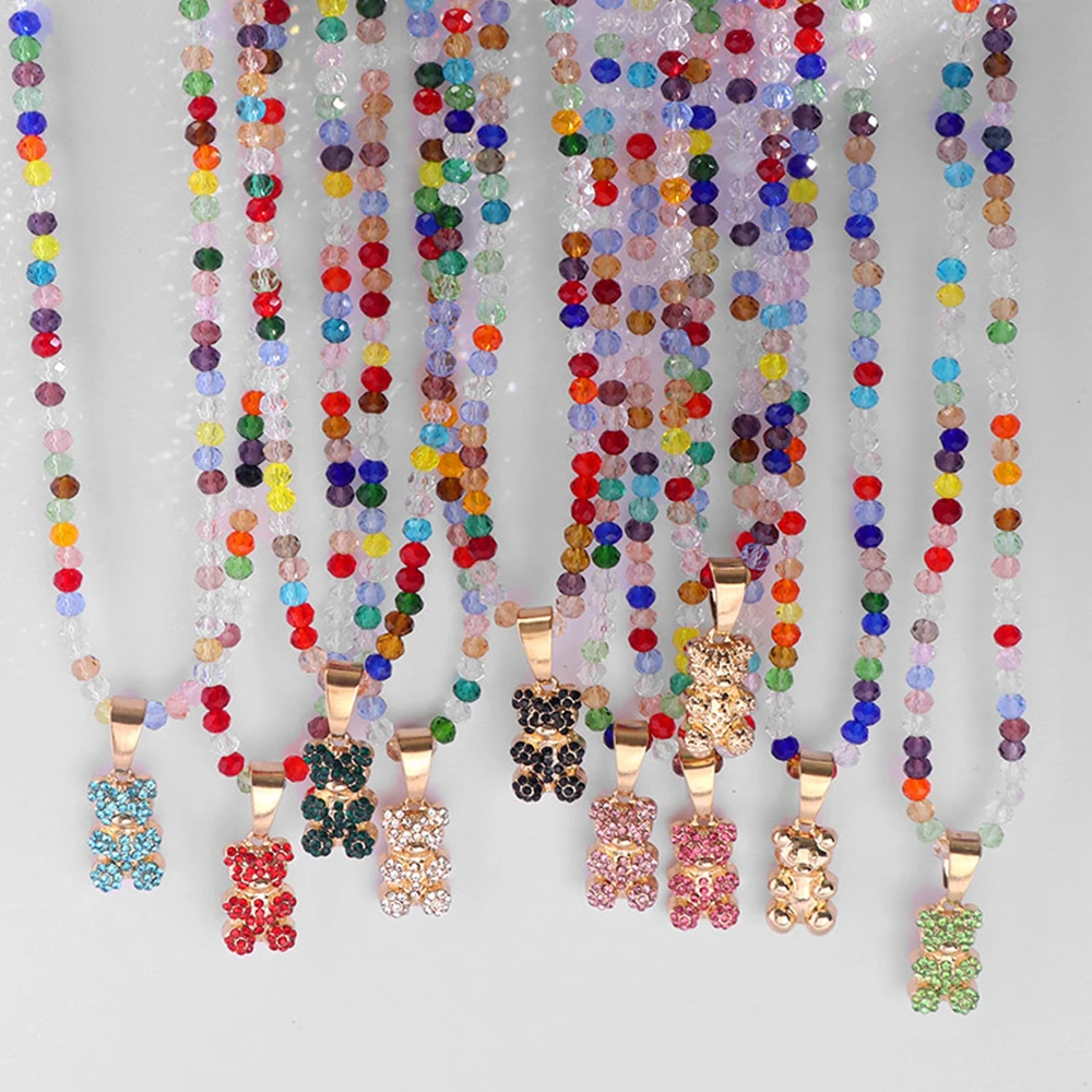

2021 New Colorful Cute Rhinestone Animal Bear Charm Beaded Necklace For Women Rainbow Shiny Crystal Glass Bead Unique Girls Gift
