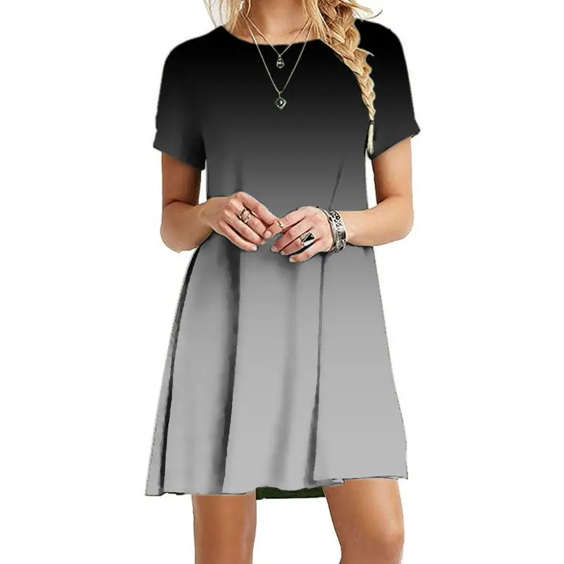 

Women Plus Size Summer Short Sleeve Crew Neck Swing T-Shirt Dress Colorblock Gradient Pullover Loose Milk Fiber Sundress S-5XL