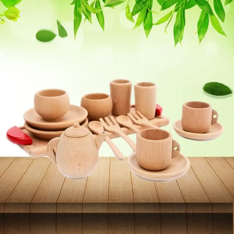 

1Set Wooden Tableware Tools Tea Pot Tea Cup Teatime Party Play Toy Dollhouse Miniature Kitchen Tableware Accessories