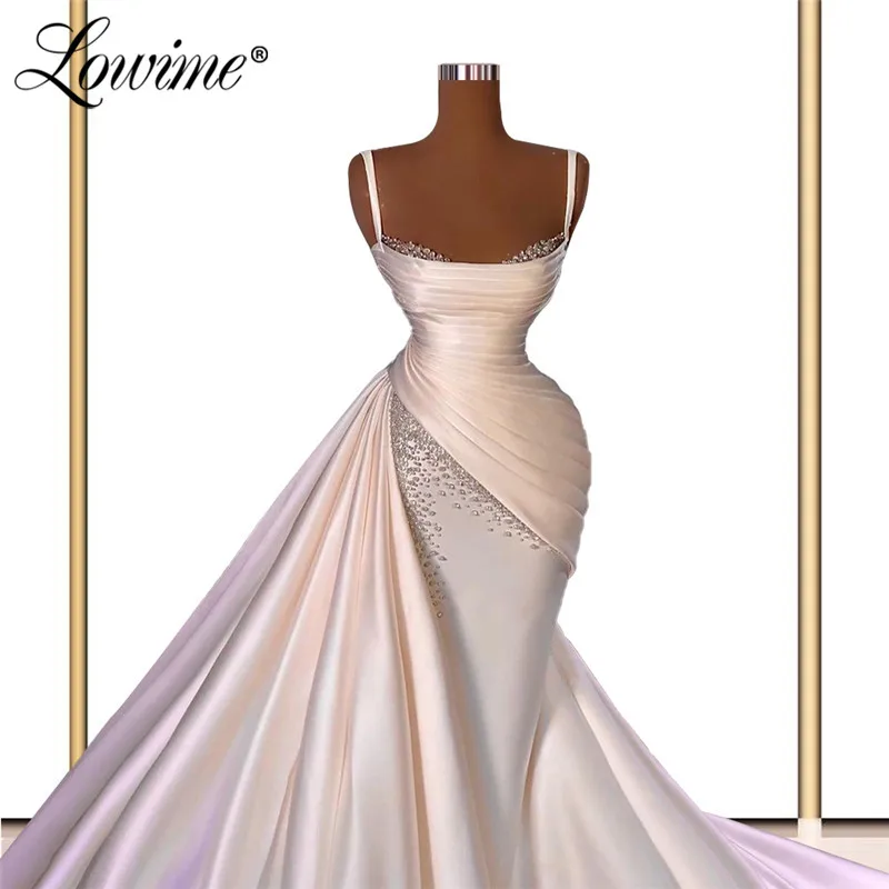Lowime Elegant Spaghetti Straps Dress Beaded Mermaid Party Dresses Plus Size Beading Evening Dress Dubai Arabic Prom Dress Long