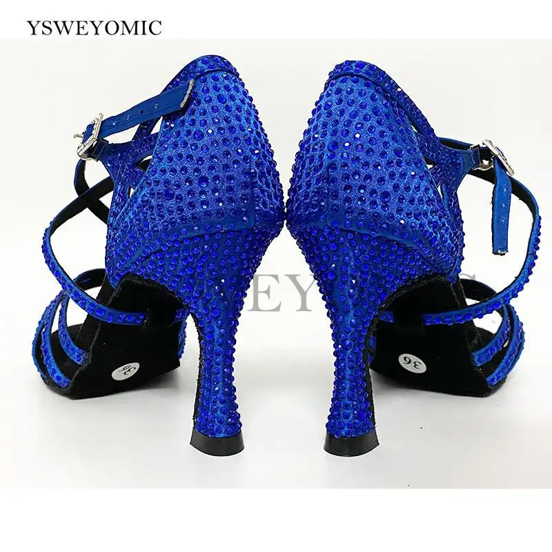 New Navy Blue Rhinestones Latin Salsa Dance Shoes Satin Soft Thicker Insole Customized Heel 10cm 4inch Bachata Latin Dance Shoes