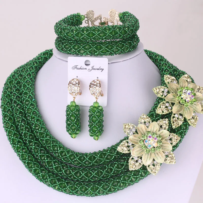 DODU Fine Jewelry Set Green Handmade African Necklace Bracelet Earrings Set Nigerian Women Party Set