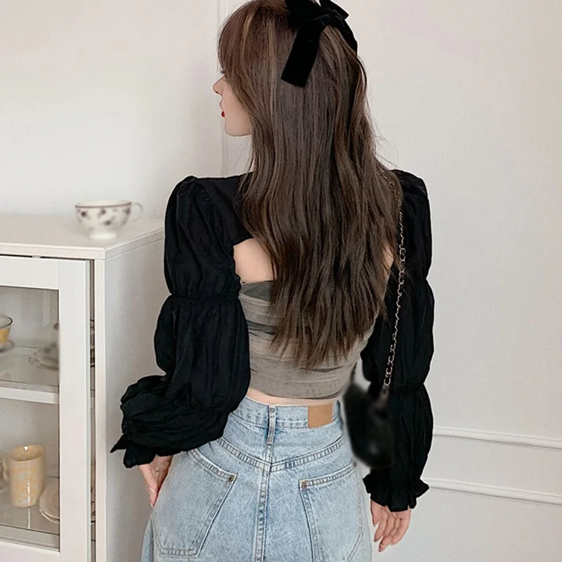 

Fashionable Design Sense Stitching Net Gauze Two-Piece Tops Women's Mesh Belt Blouse Tube Tops + Puff Sleeve Shawl