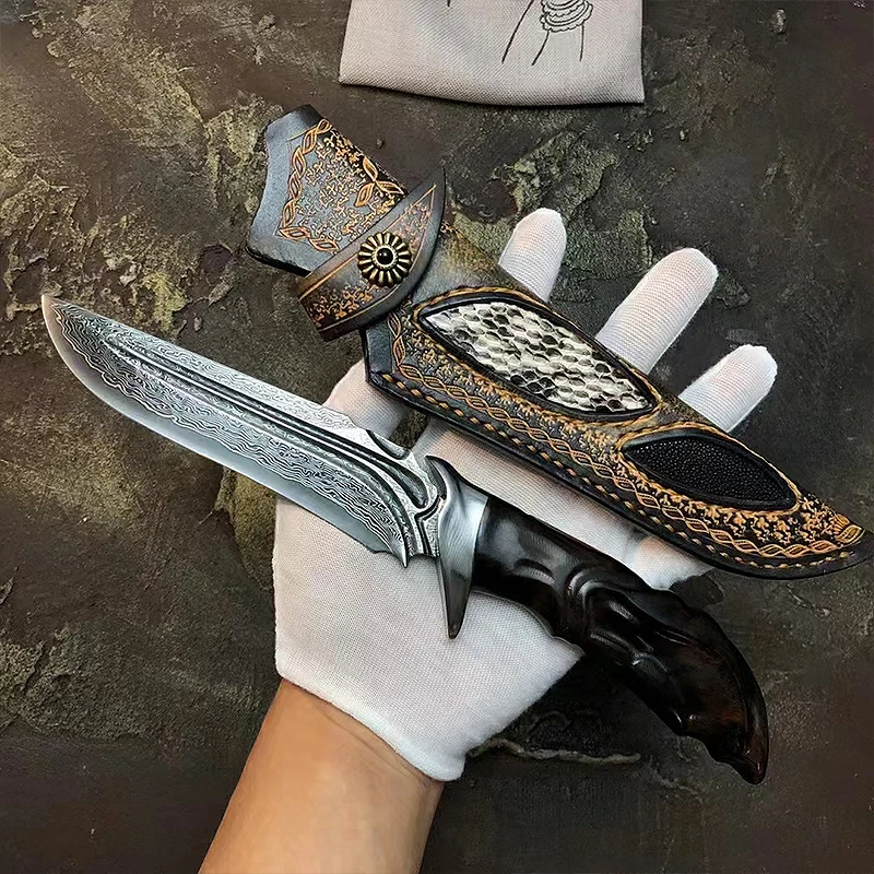 

VG10 Damascus steel outdoor fixed knife field survival straight knife camping hunting fishing hiking leather sheath EDC tool