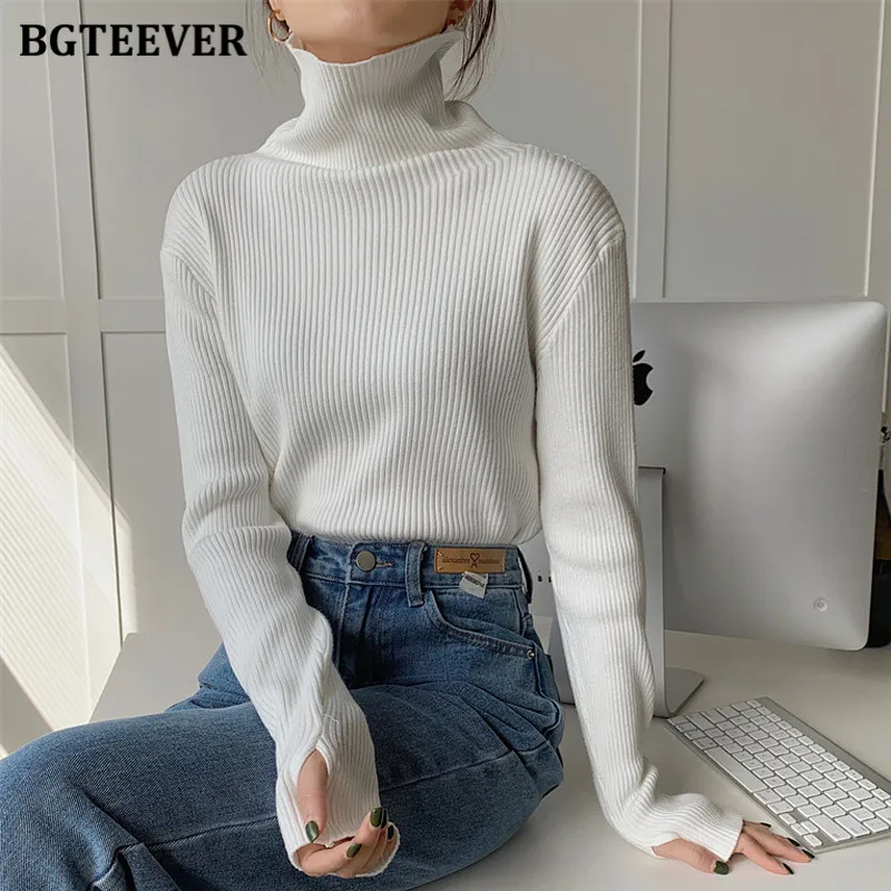 

BGTEEVER Spring Autumn Thicken Turtleneck Women Sweater Tops Long Sleeve Warm Slim Stretched Female Knitted Pullovers 2022