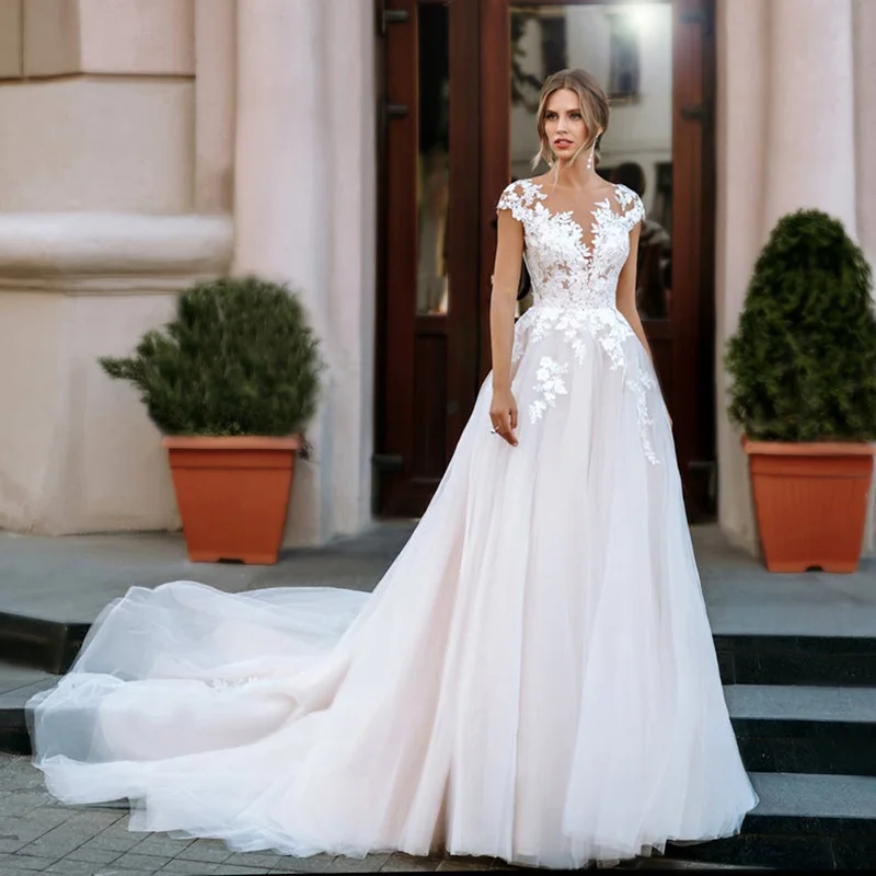 

Eightale Vintage Wedding Dresses 2020 Scoop Cap Sleeves Appliques Lace Boho Wedding Gowns Bride Dresses Vestido De Noiva