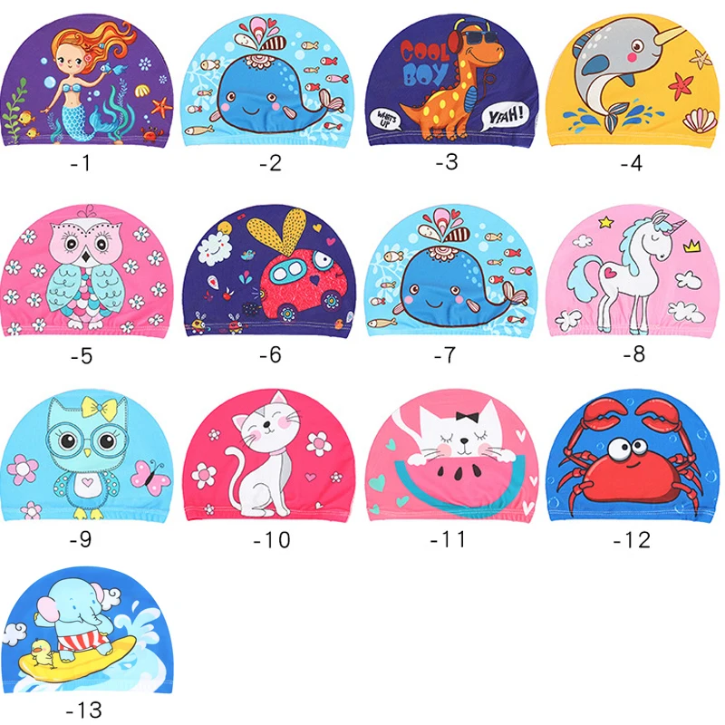 

Children Kids Elastic Fabric Cartoon Swimming Cap Swiming Pool Water Sport Protect Ears Hat Swim Bathing Hats Caps Boys Girls