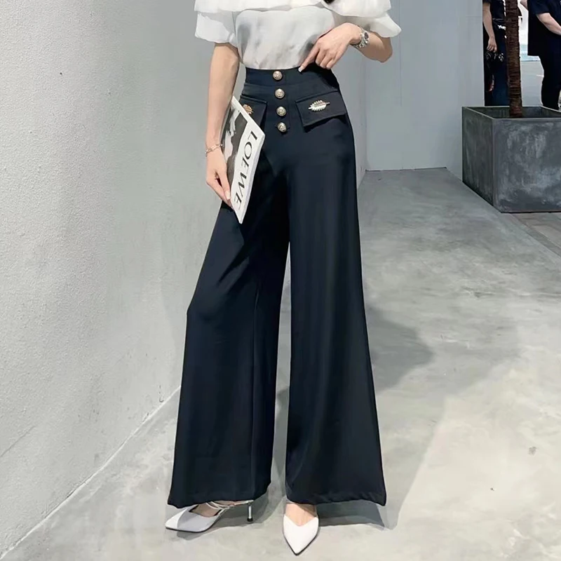 

ECRURANI White Casual Full Length Pants For Women High Waist Button-Down Flat Front Wide Leg Pants Females 2021 Fashion Clothing