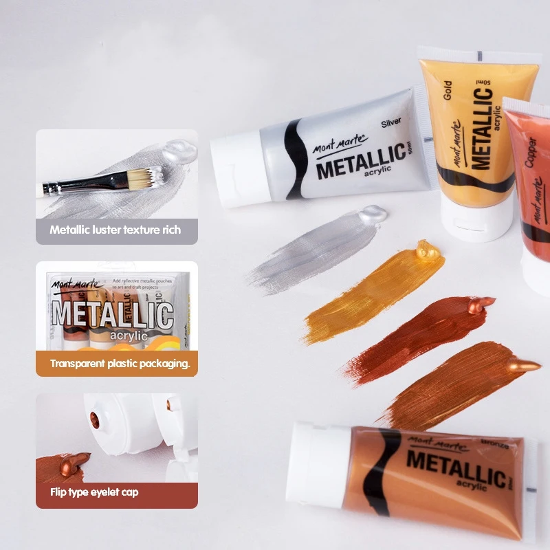 

Golden Acrylic Paint Set Acrylic Metallic Copper Silver Pigment Foguang Gold 4Pcs 50Ml
