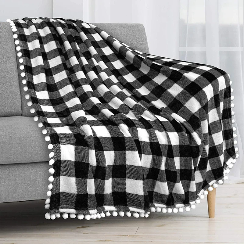 

White Black Blanket Check Soft Fleece Fringe Blanket For Couch Bed Sofa