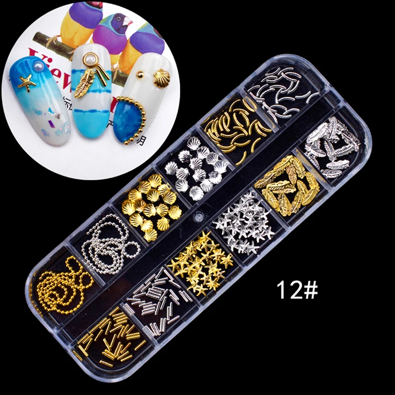 12 коробок/набор полые гвоздики для дизайна ногтей разразы золотые серебряные