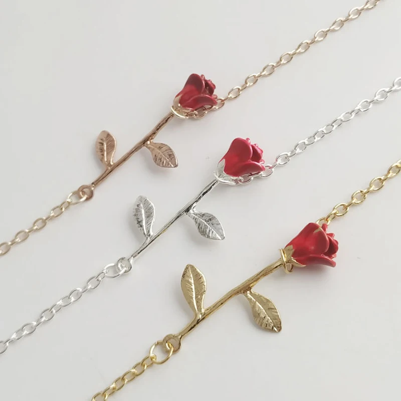 DoreenBeads модный эмалевый кулон для женщин, девушек, розовое золото, красный цветок розы, кулон 50 см(19 5/")-45 см(17 6/8"), длинный 1 шт