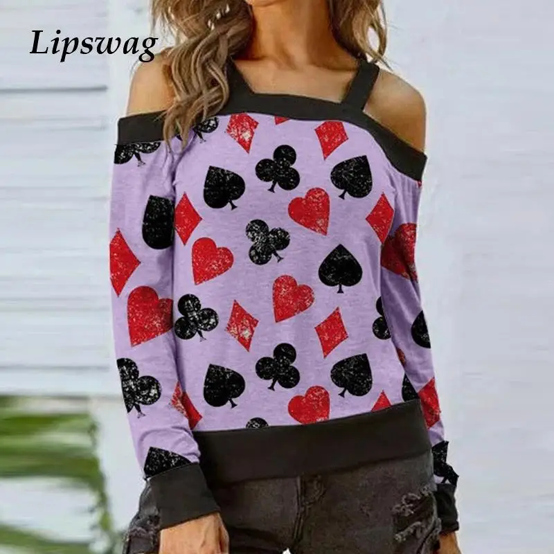 

Women Fashion Sexy Off Shoulder Ladies Loose Top Autumn Long-sleeved Blouse Vintage Poker Printed Street Casual Female Shirts