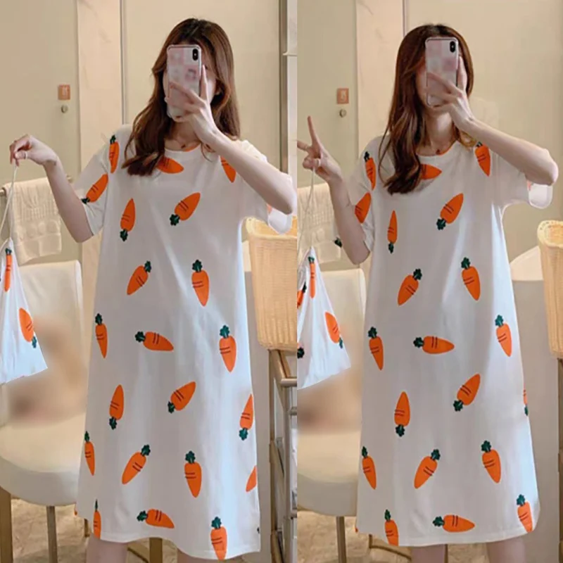 

2020 Summer Polyester Night Dress Women Plus Size Nightgown Cute Print Sleepshirts Short-sleeves Casual Nightdress Outwear