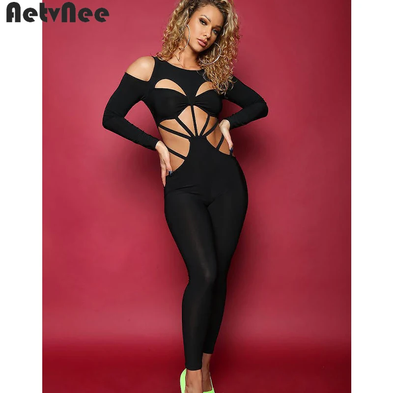 

AetvNee Solid Bodycon Jumpsuits Women 2021 Autumn Full Sleeve Off Shoulder Hollow Out Bandage Rompers Sexy Night Club Outfits