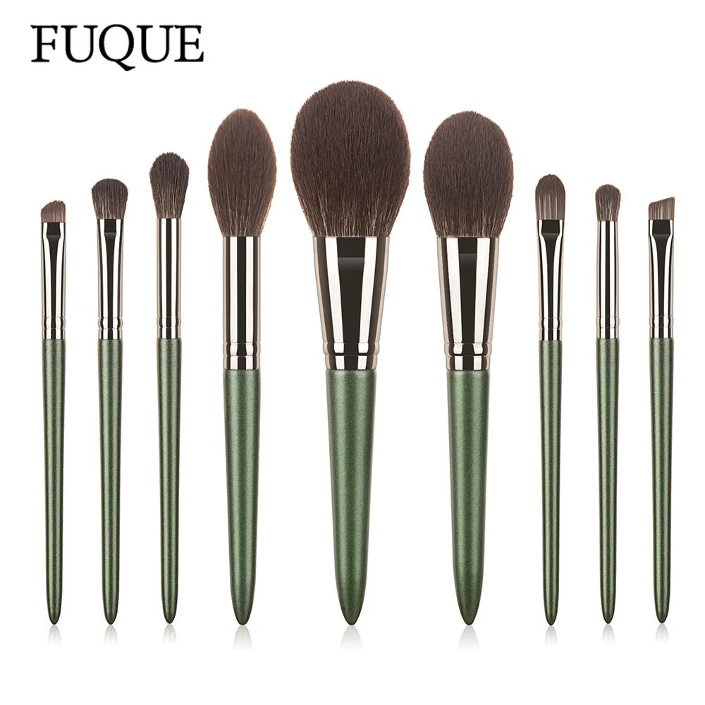 

FUQUE 9 Pcs Green Fairy Makeup Brushes High Quality Wool Fiber Professional Foundation Eyeshadow Eyebrow Women Cosmetic Tool