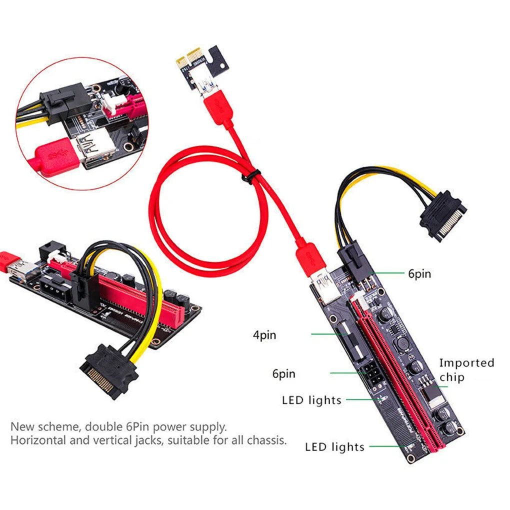 

10pcs VER006C 1x to 16x PCI Express PCIE PCI-E Riser Card 006C Extender 60cm USB 3.0 Cable SATA to 6Pin BTC Mining Miner