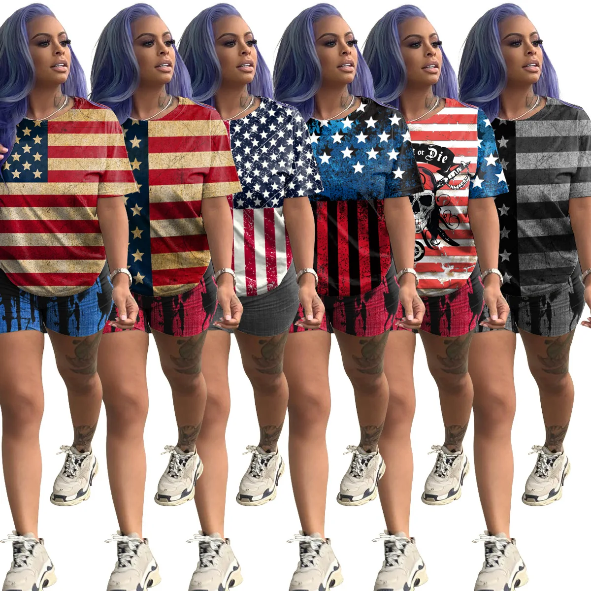 

Women's Summer Fashion Casual Printed O Neck Short Sleeve Top and Shorts 2 Piece Sets
