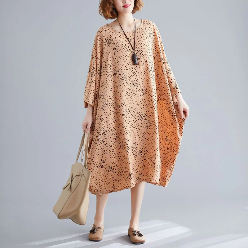 Женское платье с рукавом летучая мышь Johnature осеннее большого размера цветочным